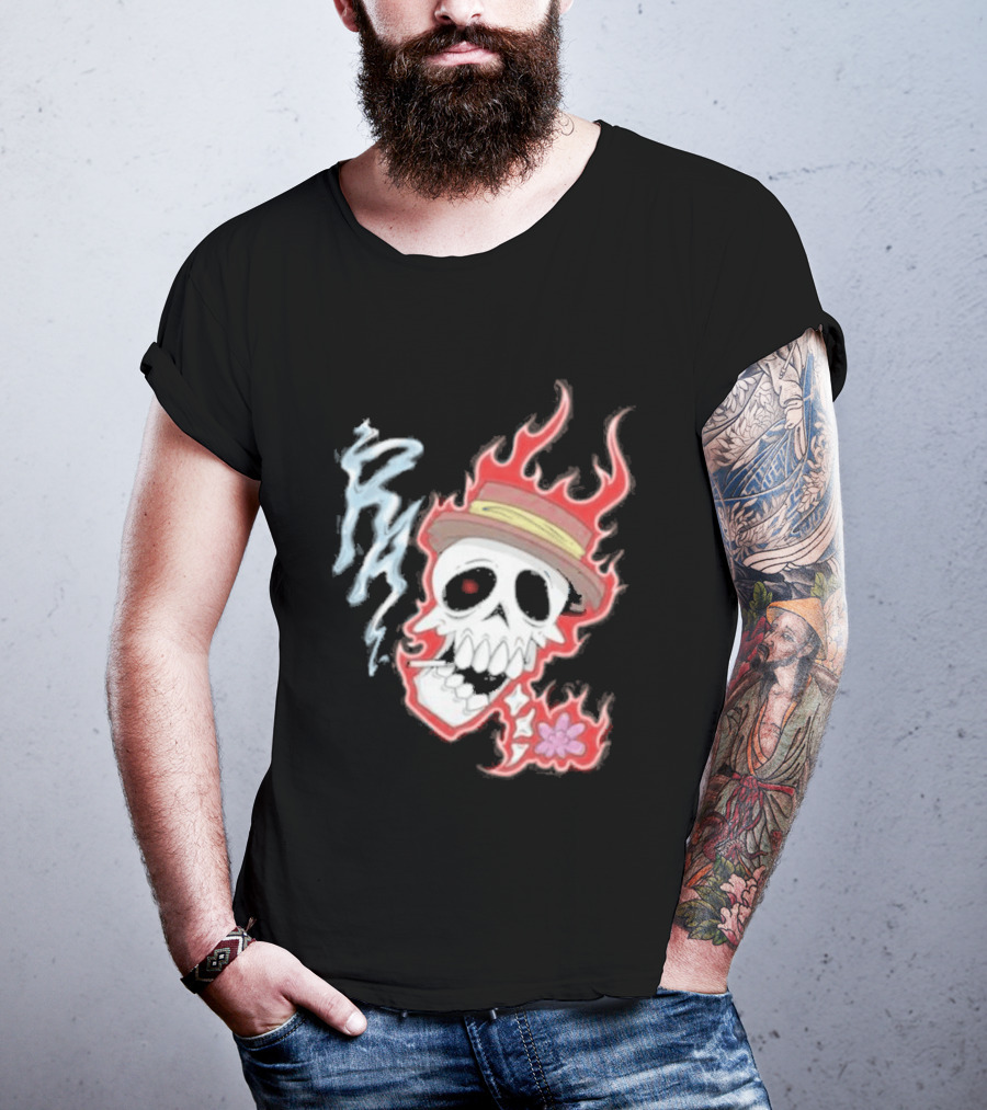 Rare Americans Skull With Flames And Hat Flower T-Shirt