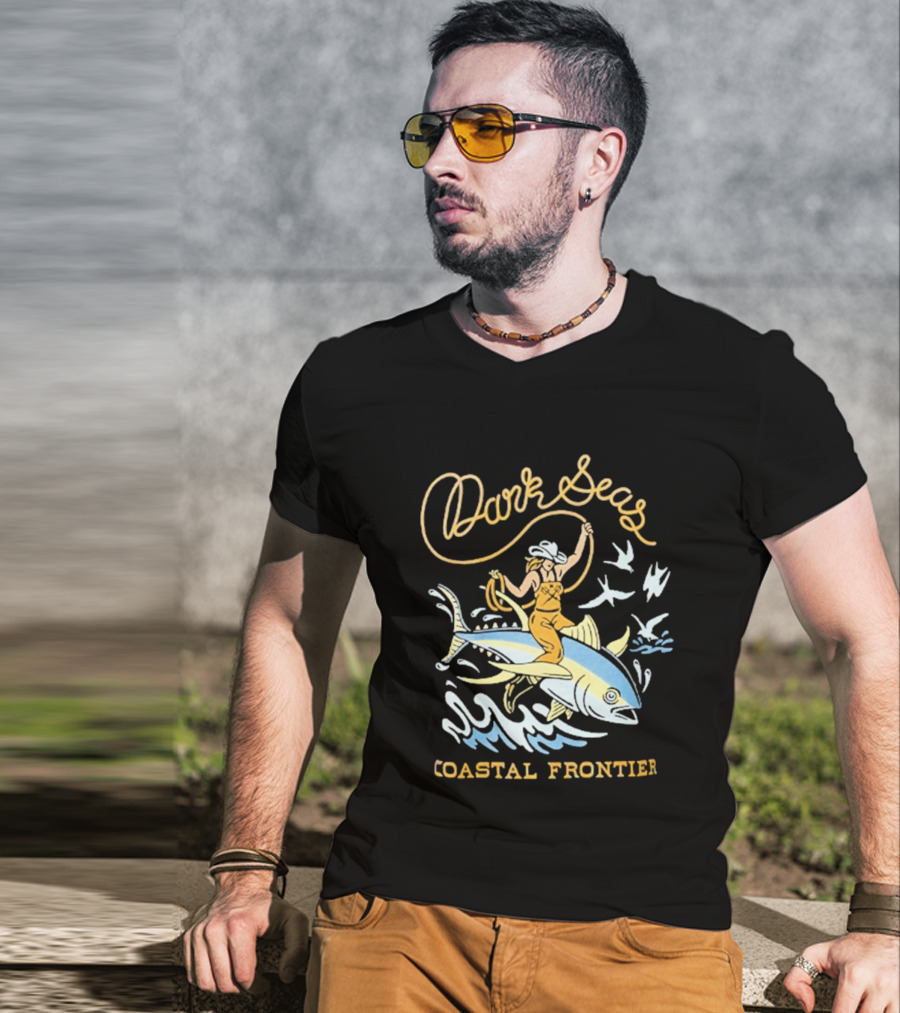 Dark Seas Coastal Frontier Ride 'em Wet Adventure Ocean Cowboy On Fish T-Shirt