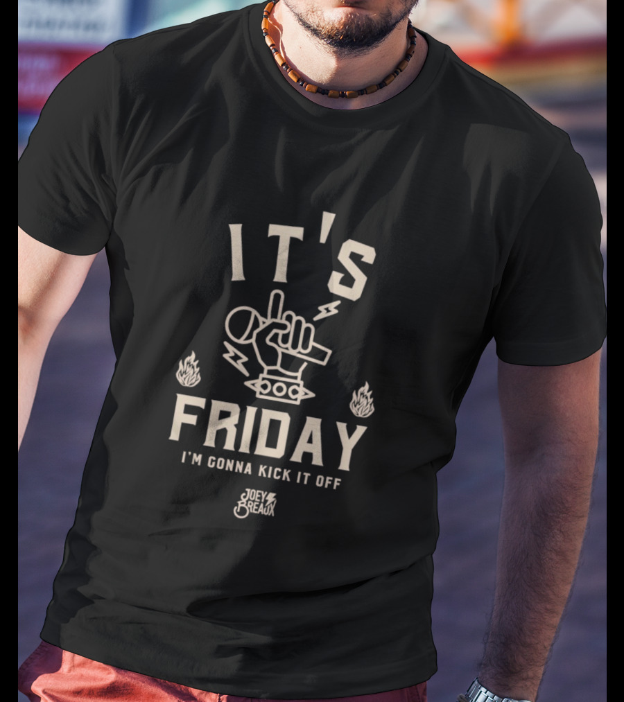 Joey Breaux It's Friday I'm Gonna Kick It Off Retro Rock Hand Sign Fire Lightning T-Shirt