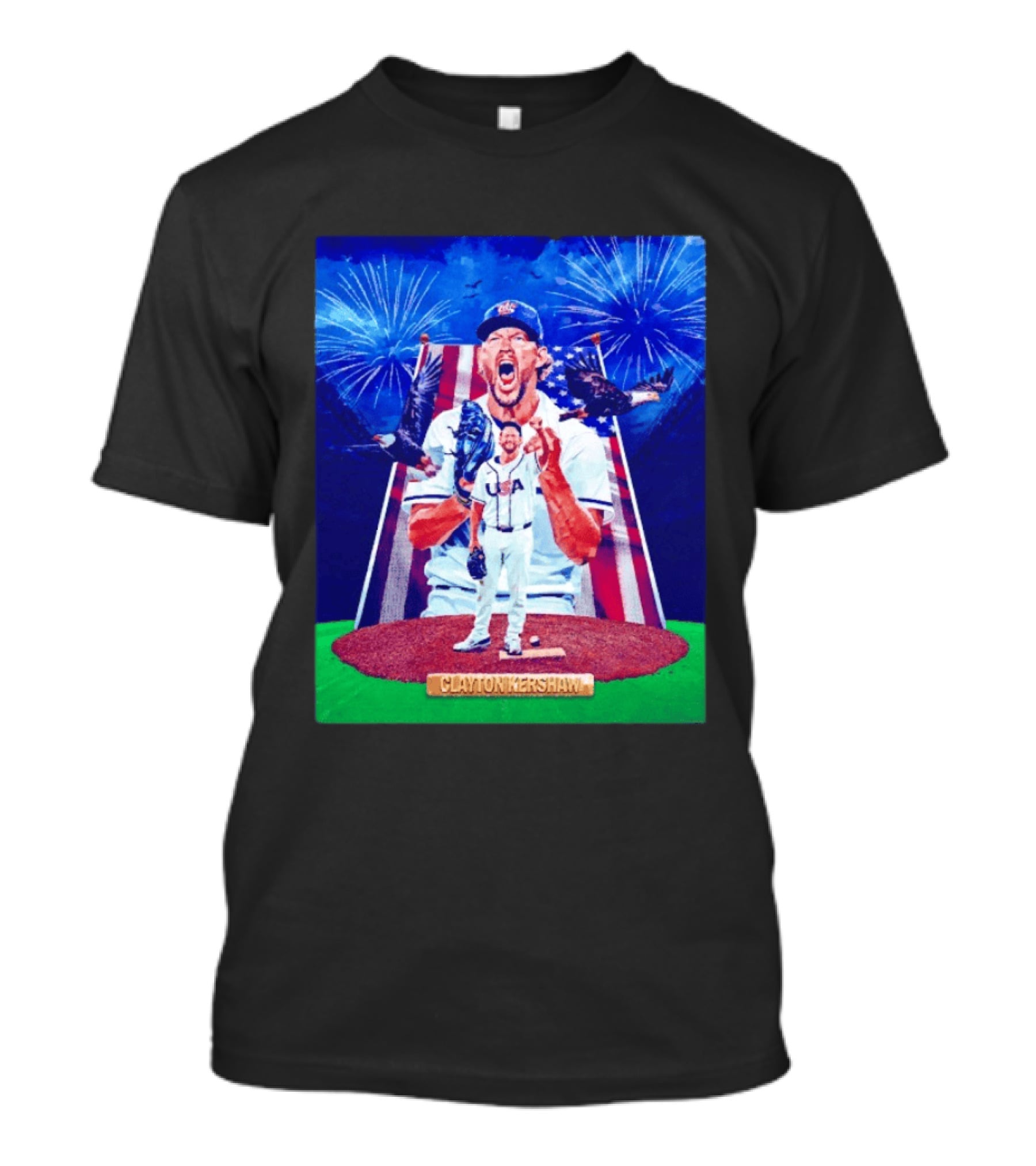 Clayton Kershaw USA Baseball Patriotic Celebration With Eagles And Fireworks T-Shirt