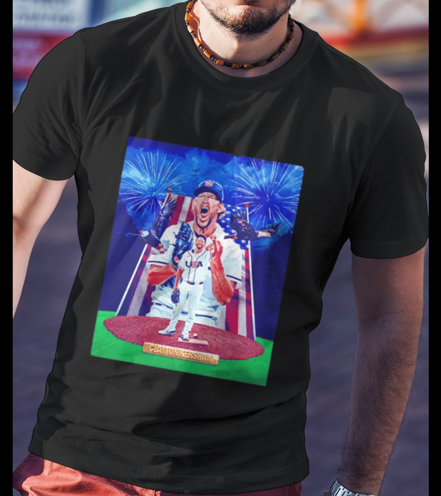 Clayton Kershaw USA Baseball Patriotic Celebration With Eagles And Fireworks T-Shirt