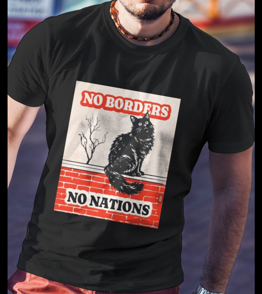 No Borders No Nations Cat Black Feline On Brick Wall T-Shirt