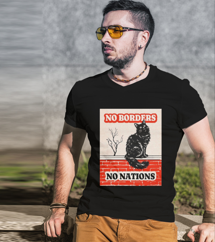 No Borders No Nations Cat Black Feline On Brick Wall T-Shirt