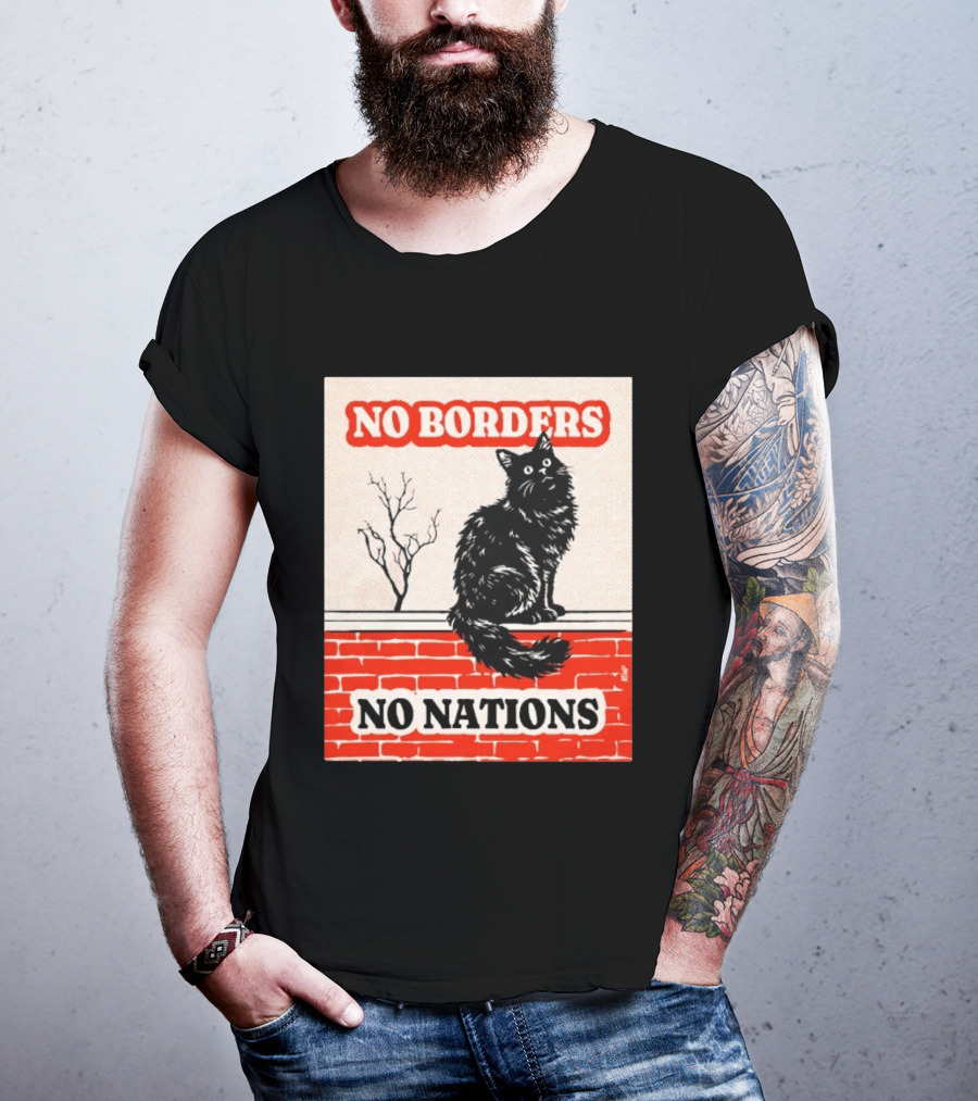 No Borders No Nations Cat Black Feline On Brick Wall T-Shirt