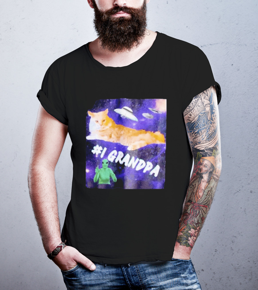 #1 Grandpa Cat Collage Alien And UFO Space T-Shirt