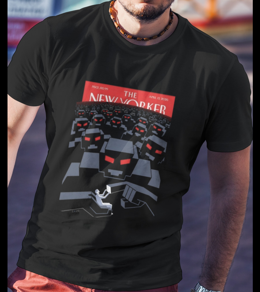 The New Yorker April 13 2026 Christoph Niemann "New Horizons" Cover Art Featuring Robot Crowd Scene T-Shirt