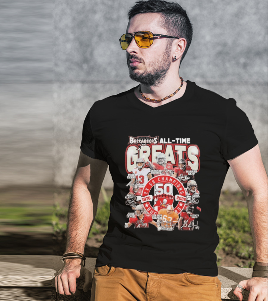 Tampa Bay Buccaneers All Time Greats 50th Anniversary 1976 2026 SB Champions T-Shirt