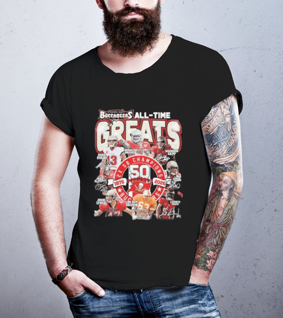 Tampa Bay Buccaneers All Time Greats 50th Anniversary 1976 2026 SB Champions T-Shirt
