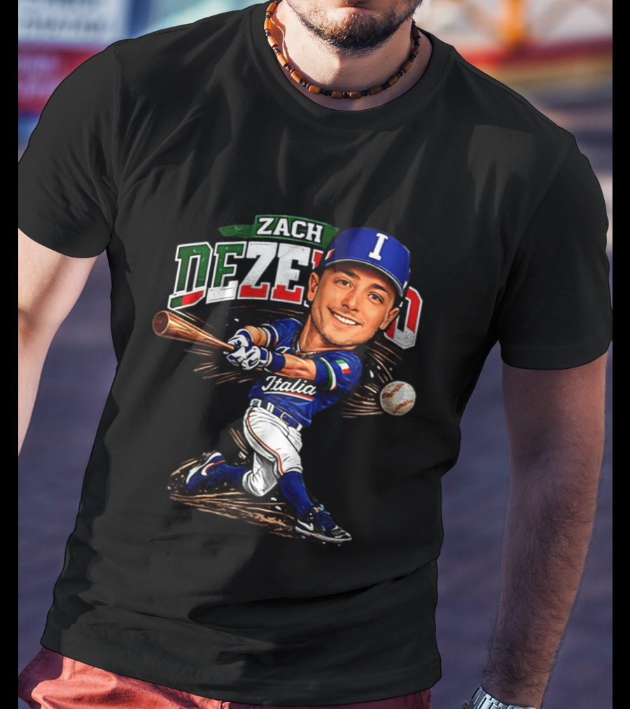 Zach Dezenzo Italia Baseball Classic Caricature Swinging Batter T-Shirt