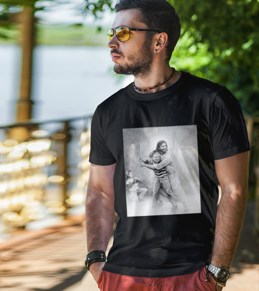 Jesus As A Coach With Children Playing Baseball In Front Of A Cross T-Shirt