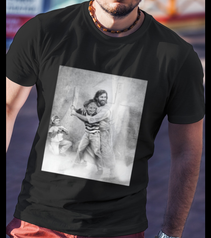 Jesus As A Coach With Children Playing Baseball In Front Of A Cross T-Shirt