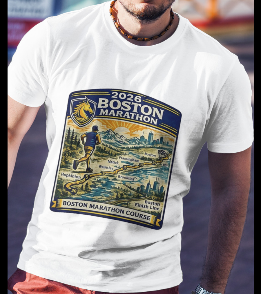 2026 Boston Marathon Course Hopkinton Framingham Natick Wellesley Brookline Finish Line T-Shirt