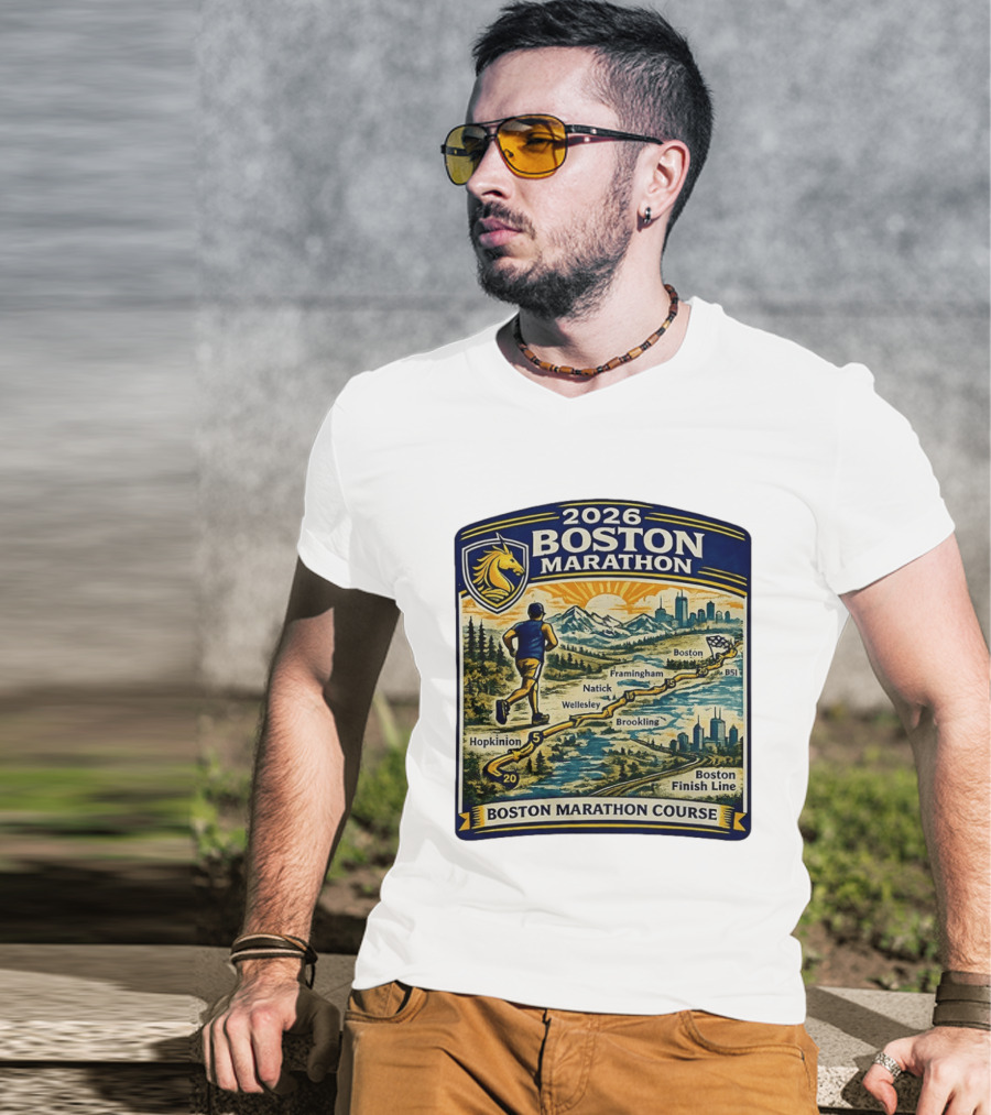 2026 Boston Marathon Course Hopkinton Framingham Natick Wellesley Brookline Finish Line T-Shirt