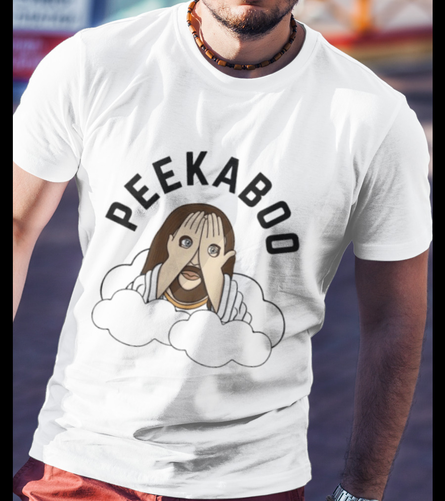 PEEKABOO Jesus Cartoon Clouds Playful Hands Covering Eyes T-Shirt