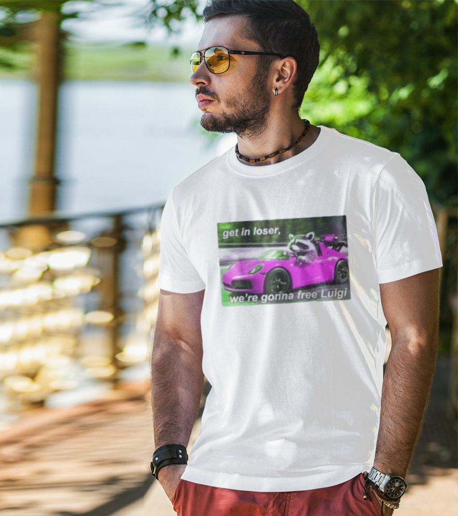 Get In Loser Raccoon Driving Pink Car We're Gonna Free Luigi T-Shirt