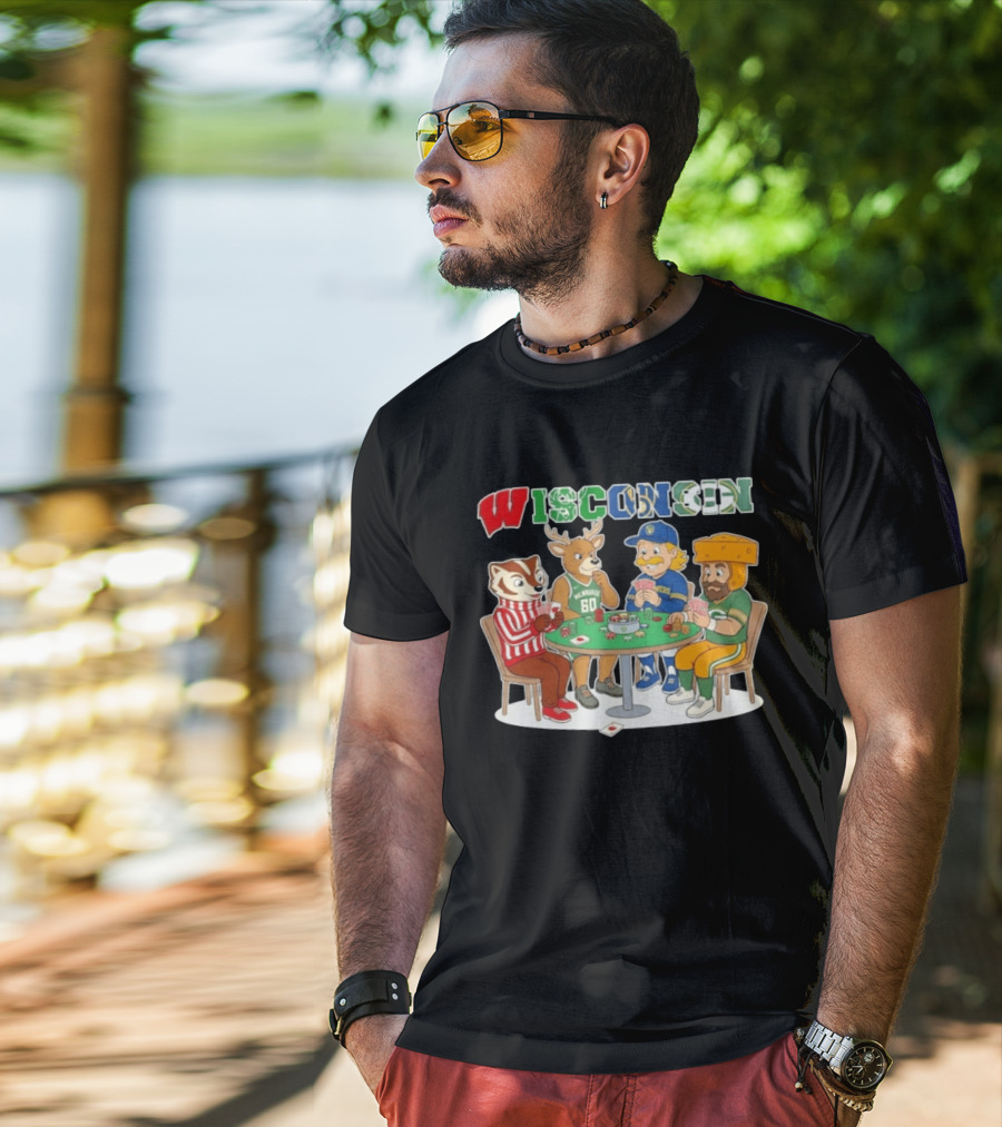 Wisconsin Sports Mascots Playing Poker With Packers Brewers And Bucks Themes T-Shirt