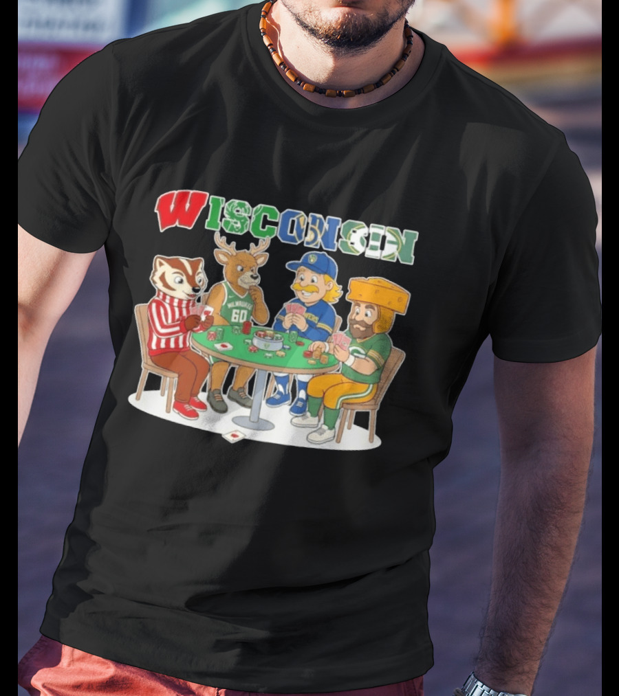 Wisconsin Sports Mascots Playing Poker With Packers Brewers And Bucks Themes T-Shirt