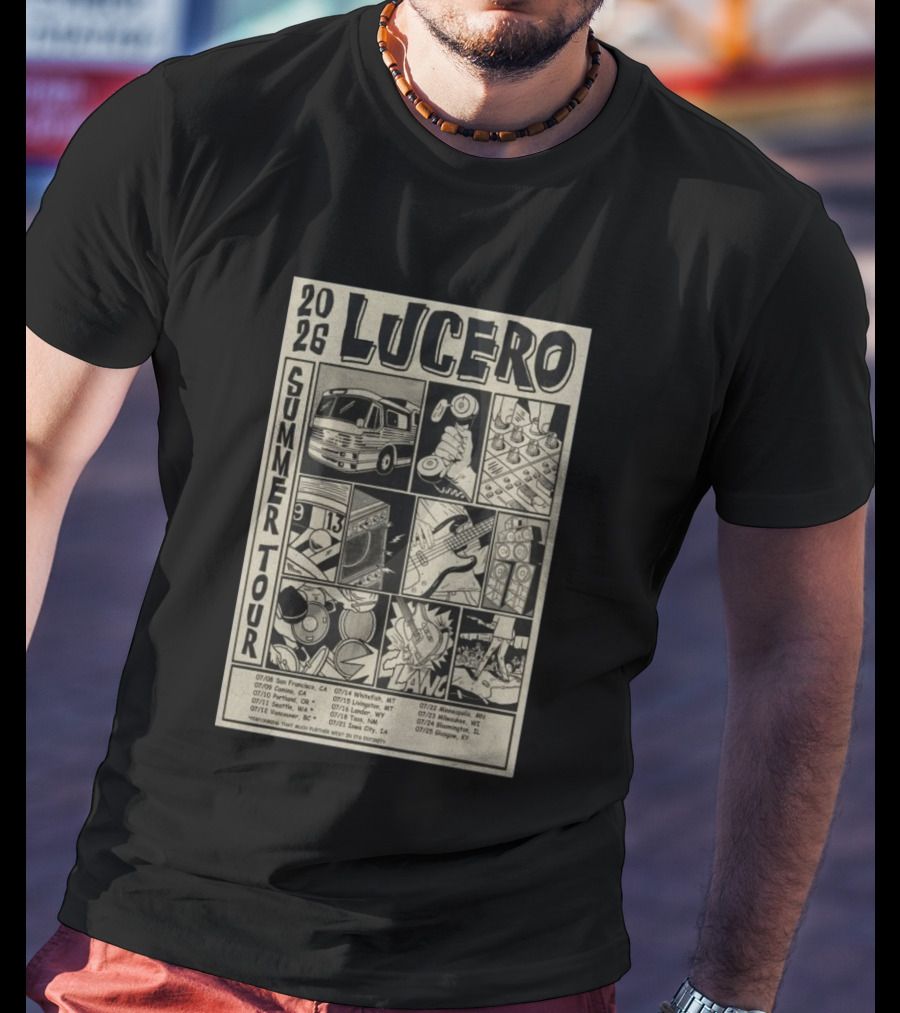2026 Lucero Summer Tour Dates Featuring Vintage Comic Style With Iconic Band Imagery And Tour Stops T-Shirt