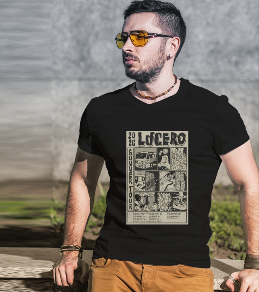 2026 Lucero Summer Tour Dates Featuring Vintage Comic Style With Iconic Band Imagery And Tour Stops T-Shirt