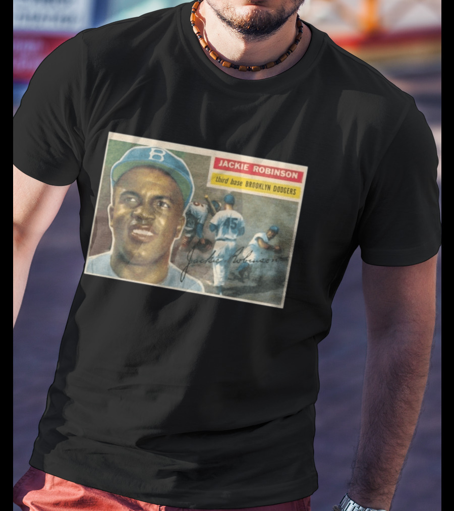 Jackie Robinson 1956 Topps Third Base Brooklyn Dodgers Baseball Card T-Shirt