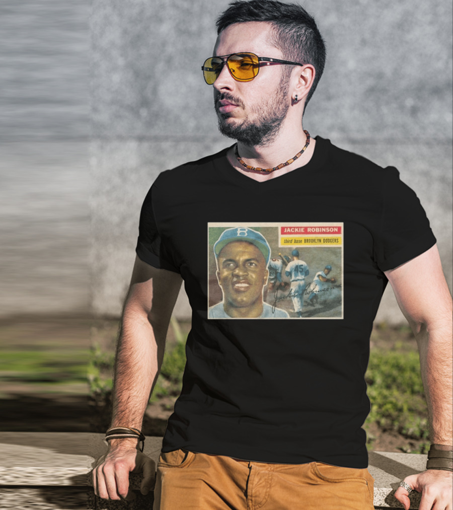 Jackie Robinson 1956 Topps Third Base Brooklyn Dodgers Baseball Card T-Shirt