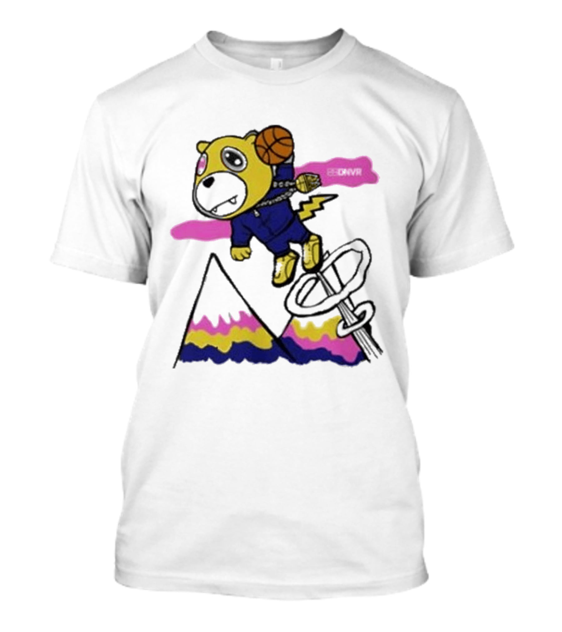Dnvr Flying Basketball Mascot In Colorful Mountain Scene With Bicycle And Lightning T-Shirt