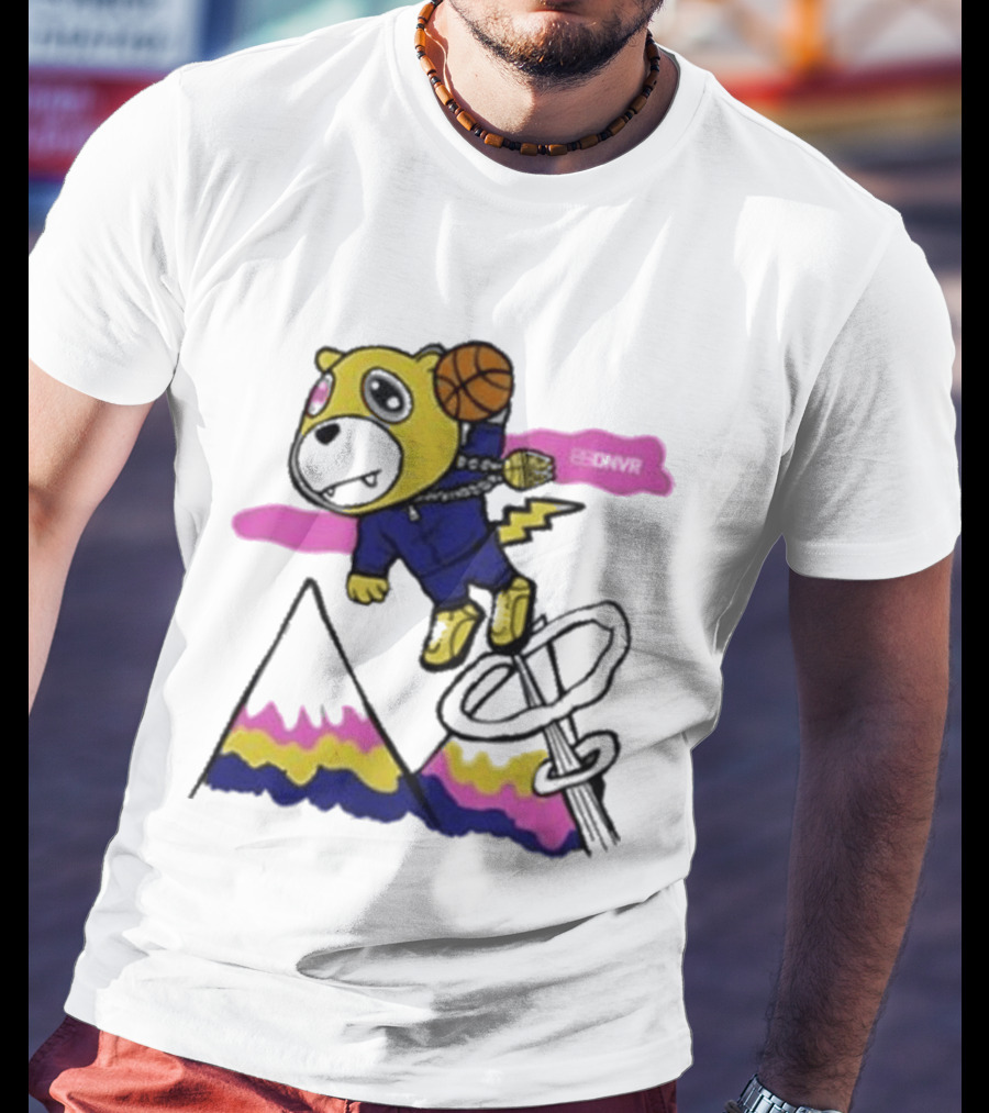 Dnvr Flying Basketball Mascot In Colorful Mountain Scene With Bicycle And Lightning T-Shirt