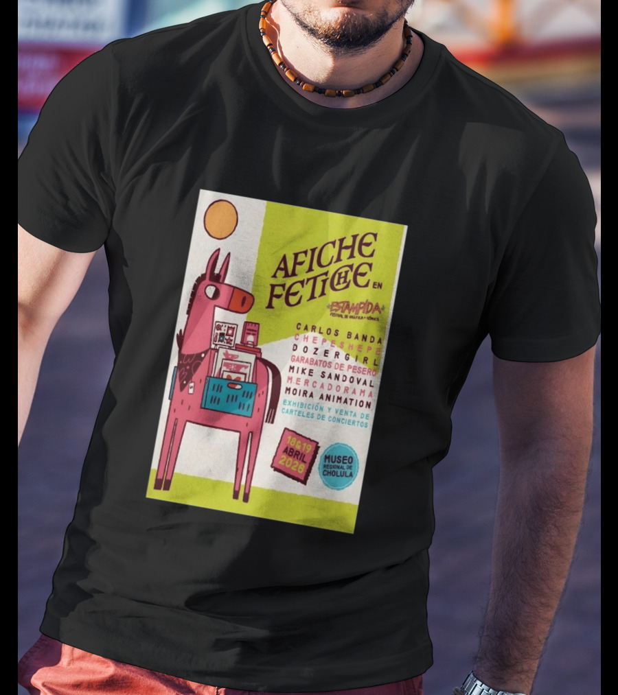 Afiche Fetiche Estampida Festival Gráfica Cómics Cholula Abril 2026 Museo Regional Exhibición Carteles Conciertos T-Shirt