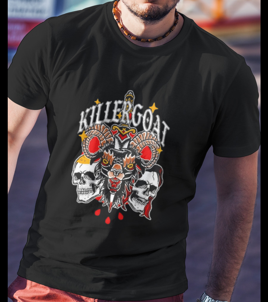 Killer Goat Skull Blood Drops And Horned Beast With Skulls And Sword T-Shirt