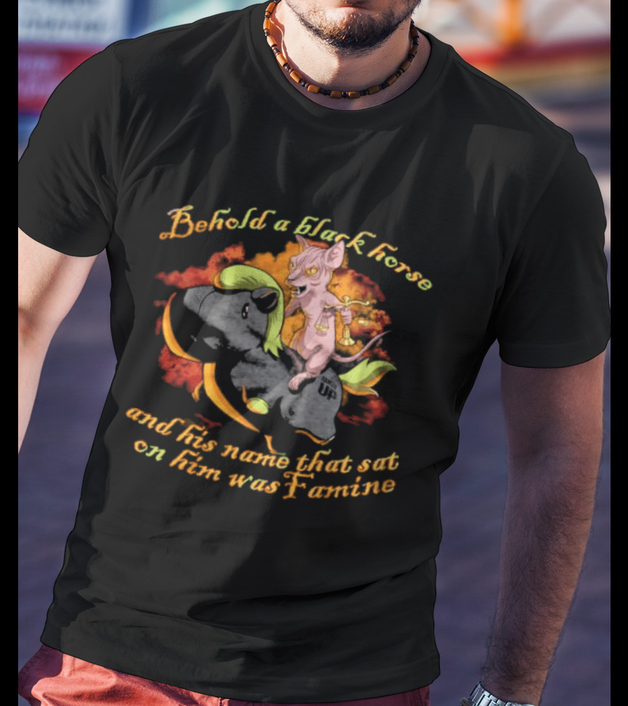 Behold A Black Horse And His Name That Sat On Him Was Famine Text With Cartoon Demon Rider T-Shirt
