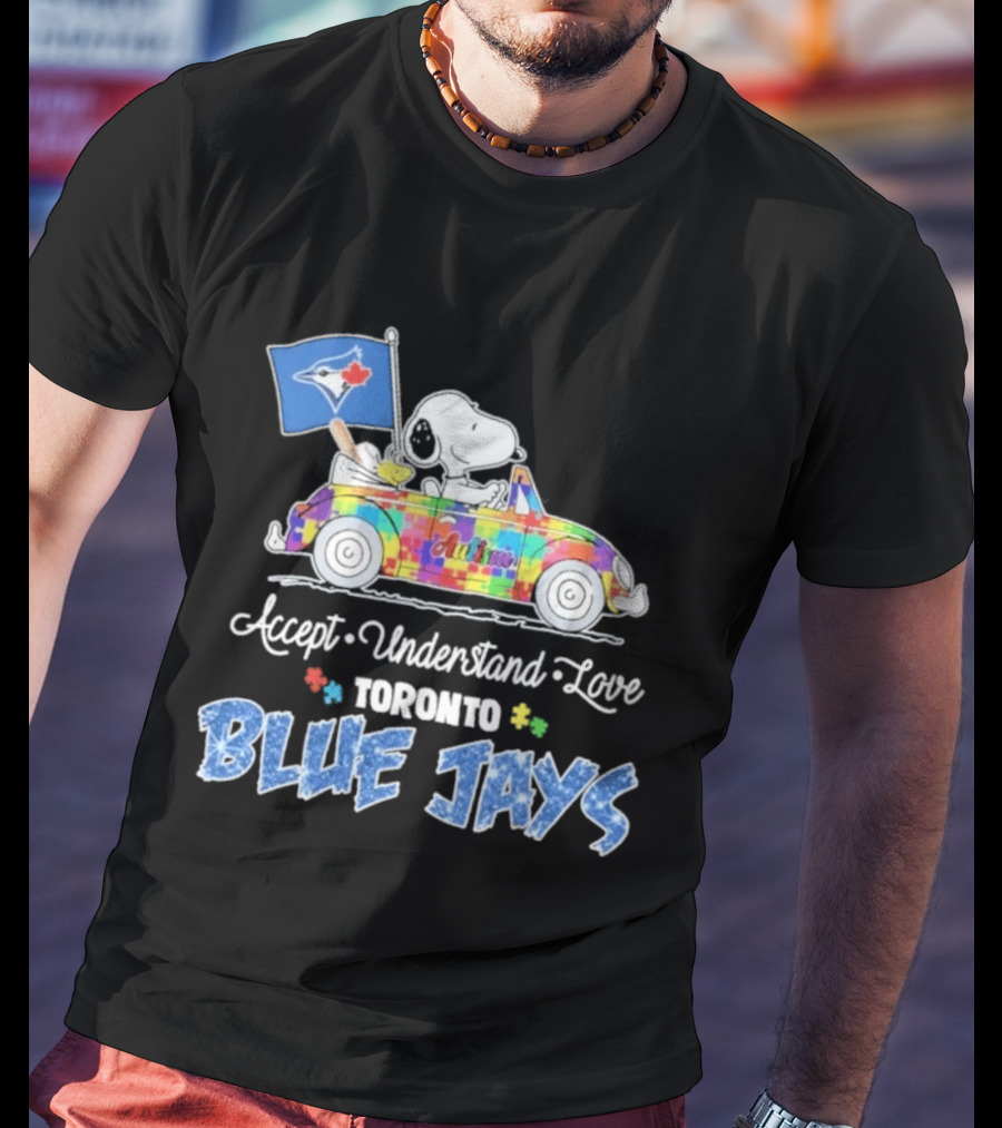 Snoopy Woodstock Driving Car Toronto Blue Jays Autism Awareness Accept Understand Love T-Shirt