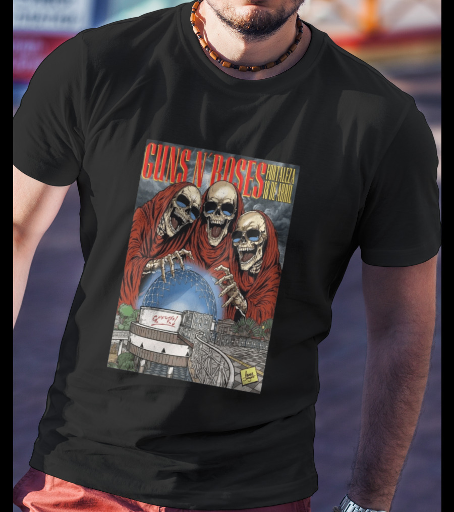 Guns N' Roses Fortaleza 18 De Abril Skeleton Red Hooded Figures Concert T-Shirt
