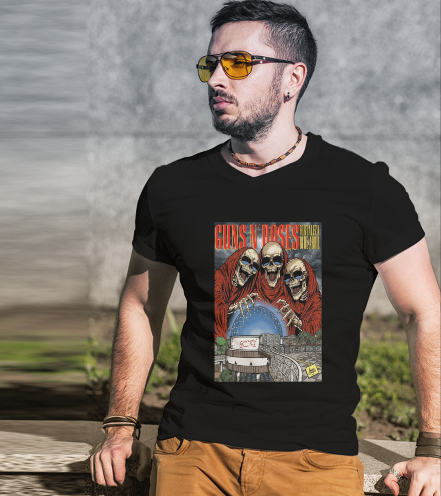 Guns N' Roses Fortaleza 18 De Abril Skeleton Red Hooded Figures Concert T-Shirt