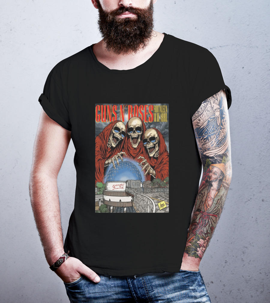 Guns N' Roses Fortaleza 18 De Abril Skeleton Red Hooded Figures Concert T-Shirt