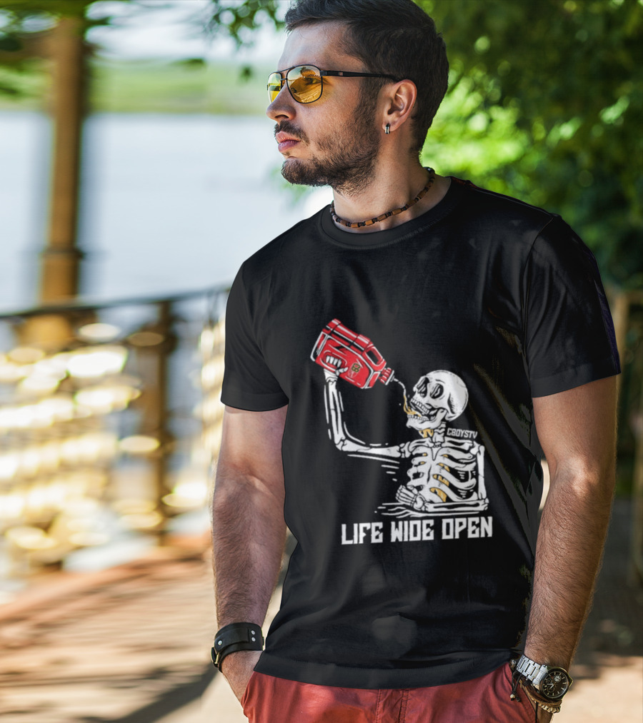 Cboystv Life Wide Open Skeleton Drinking Soul Fuel T-Shirt