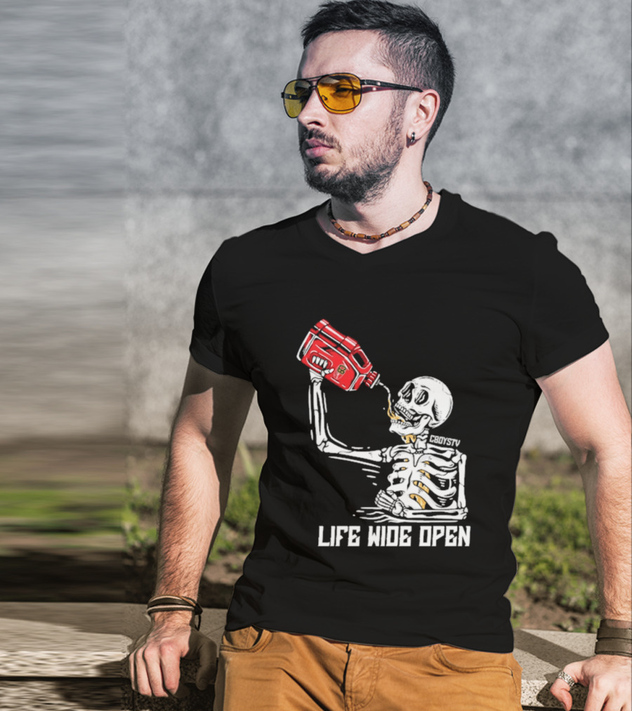 Cboystv Life Wide Open Skeleton Drinking Soul Fuel T-Shirt