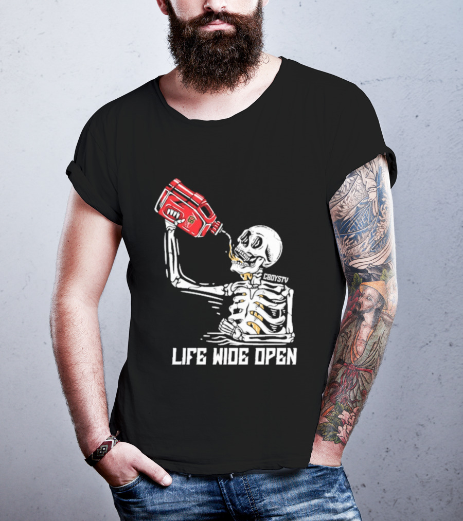 Cboystv Life Wide Open Skeleton Drinking Soul Fuel T-Shirt
