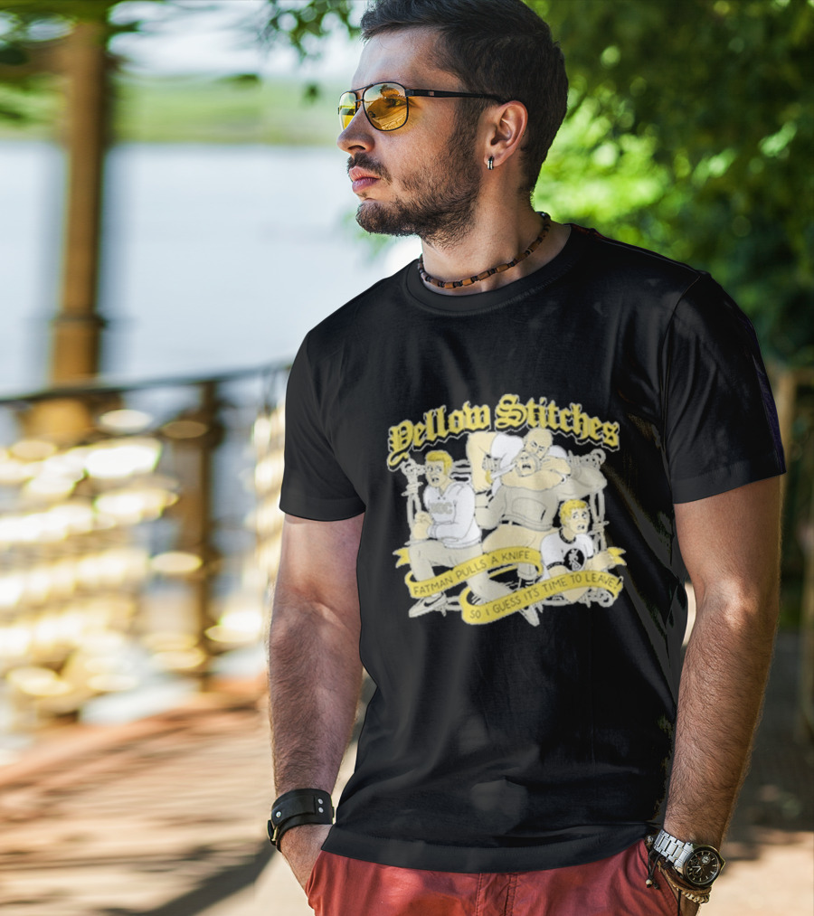Yellow Stitches Friends Family Forever ROC Fatman Pulls A Knife T-Shirt