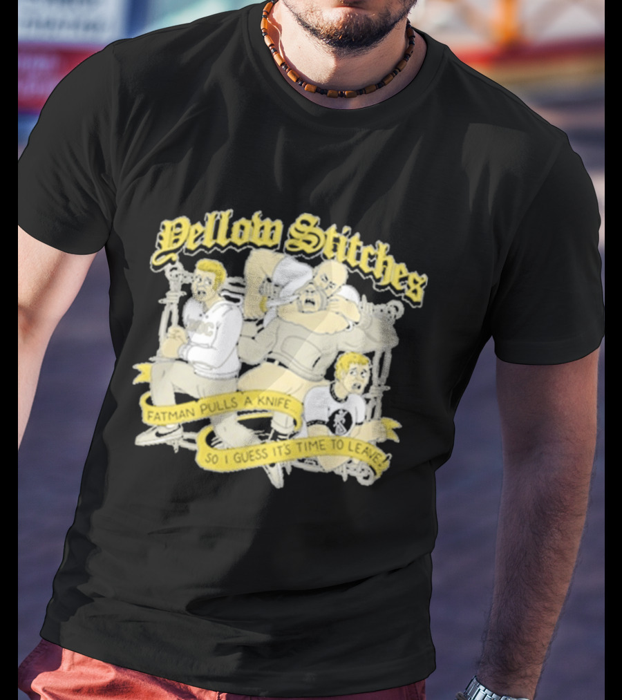 Yellow Stitches Friends Family Forever ROC Fatman Pulls A Knife T-Shirt