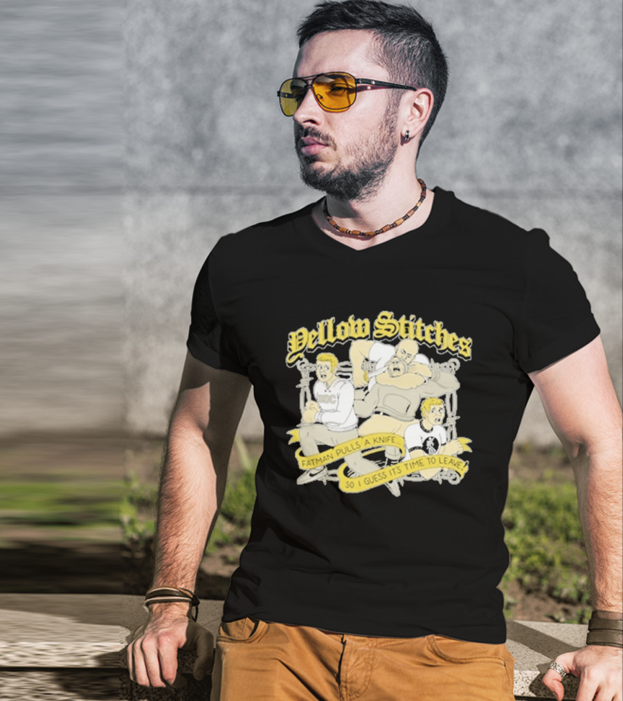 Yellow Stitches Friends Family Forever ROC Fatman Pulls A Knife T-Shirt