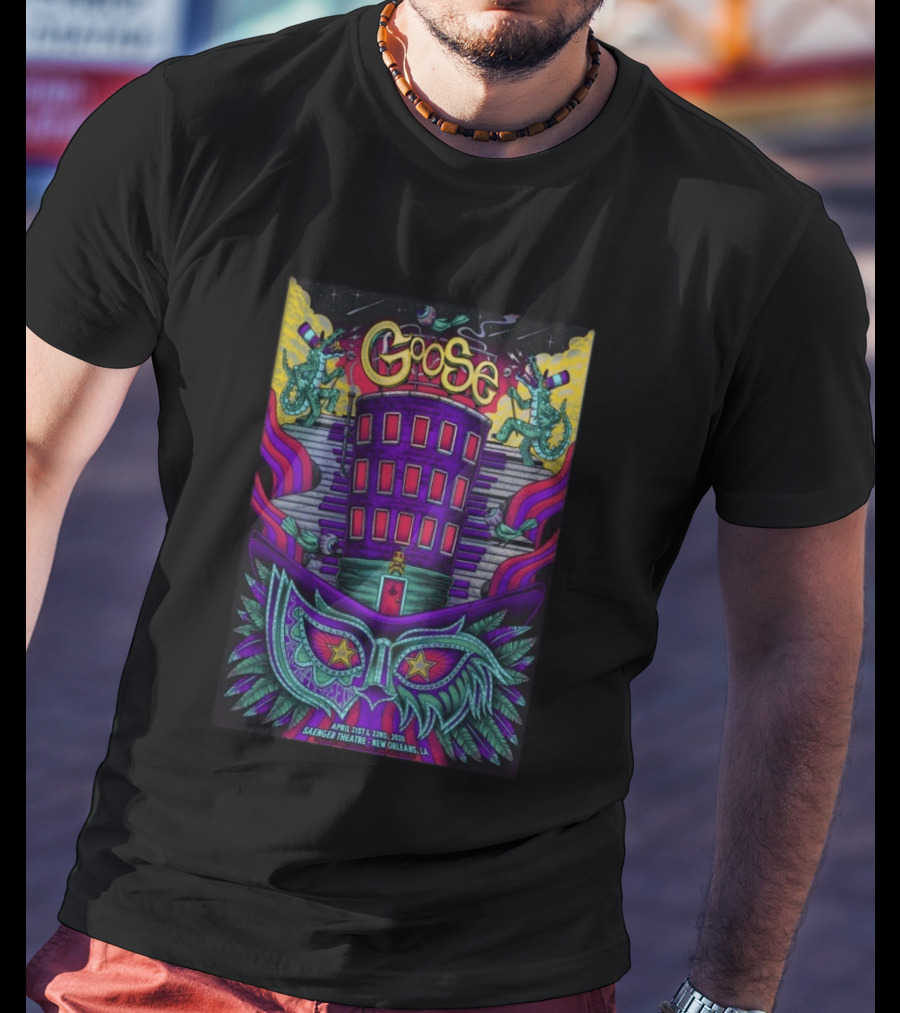 Goose Saenger Theatre New Orleans LA April 21 22 2026 Mardi Gras Gators Mask Art Deco T-Shirt