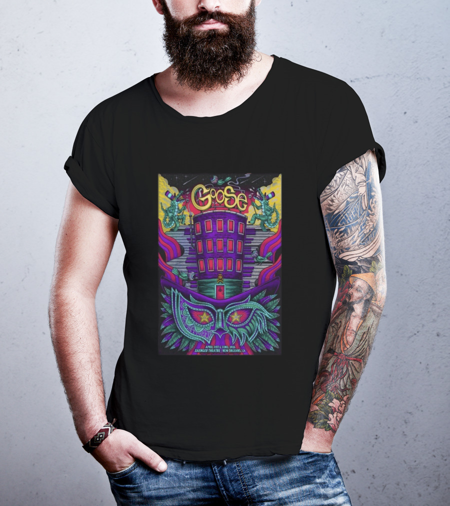 Goose Saenger Theatre New Orleans LA April 21 22 2026 Mardi Gras Gators Mask Art Deco T-Shirt