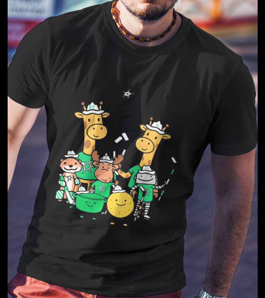 Dallas Stars Cartoon Characters Family Fun With Giraffe Moose Dog Bear And Cat T-Shirt