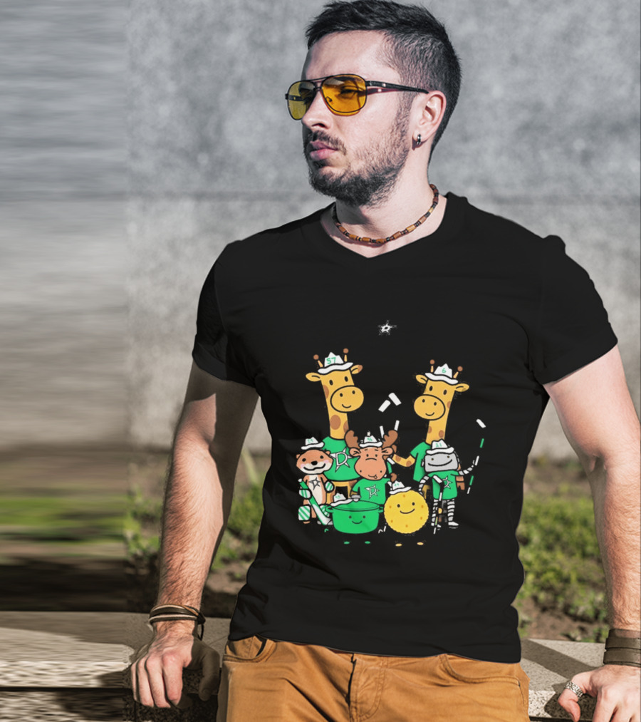 Dallas Stars Cartoon Characters Family Fun With Giraffe Moose Dog Bear And Cat T-Shirt