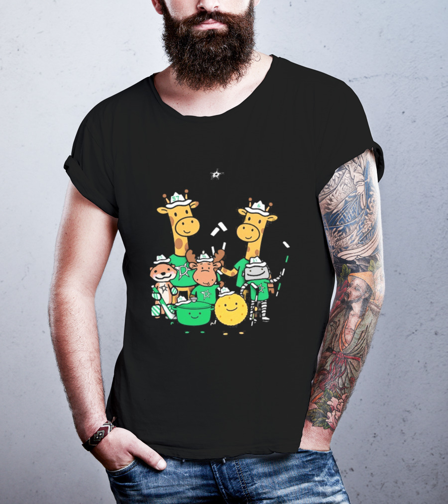 Dallas Stars Cartoon Characters Family Fun With Giraffe Moose Dog Bear And Cat T-Shirt