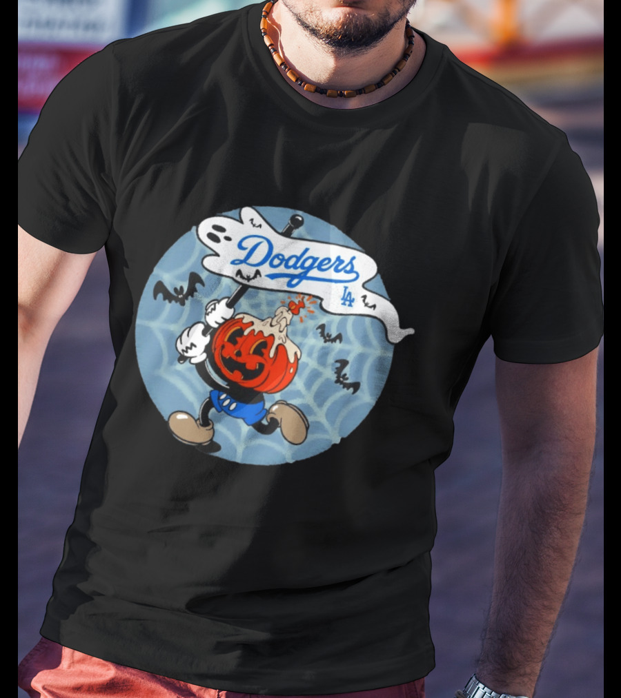 Los Angeles Dodgers Halloween Pumpkin Head Vintage Cartoon With Bats And Webs T-Shirt