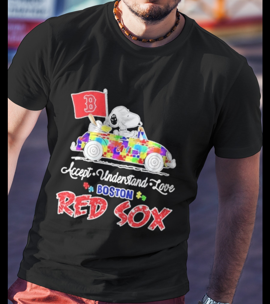 Snoopy Woodstock Boston Red Sox Driving Car Autism Awareness Accept Understand Love 2026 T-Shirt