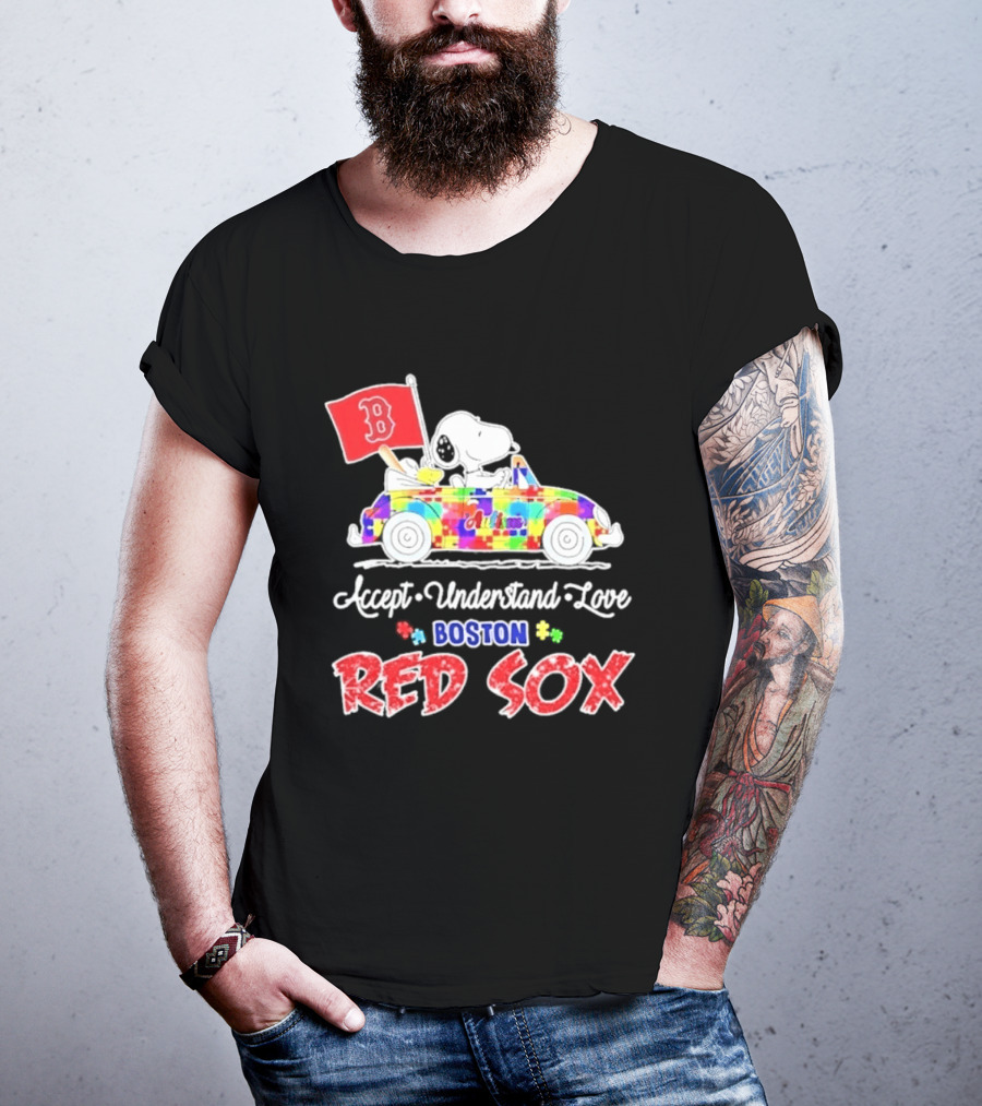 Snoopy Woodstock Boston Red Sox Driving Car Autism Awareness Accept Understand Love 2026 T-Shirt