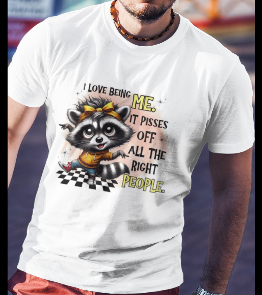 Raccoon I Love Being Me It Pisses Off All The Right People Yellow Bandana Denim Sneakers T-Shirt