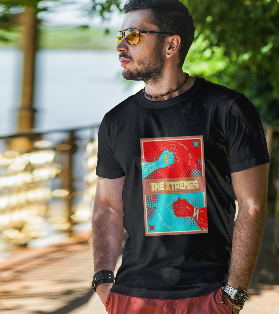 The Xtremes Deep Blue Red Hot Fist Bump Duel Comic T-Shirt